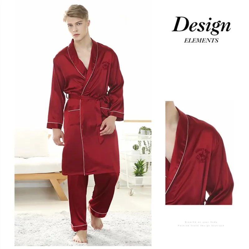 Пижама Мужская атласная шелковая рубашка топ длинные штаны темно серая бордовая