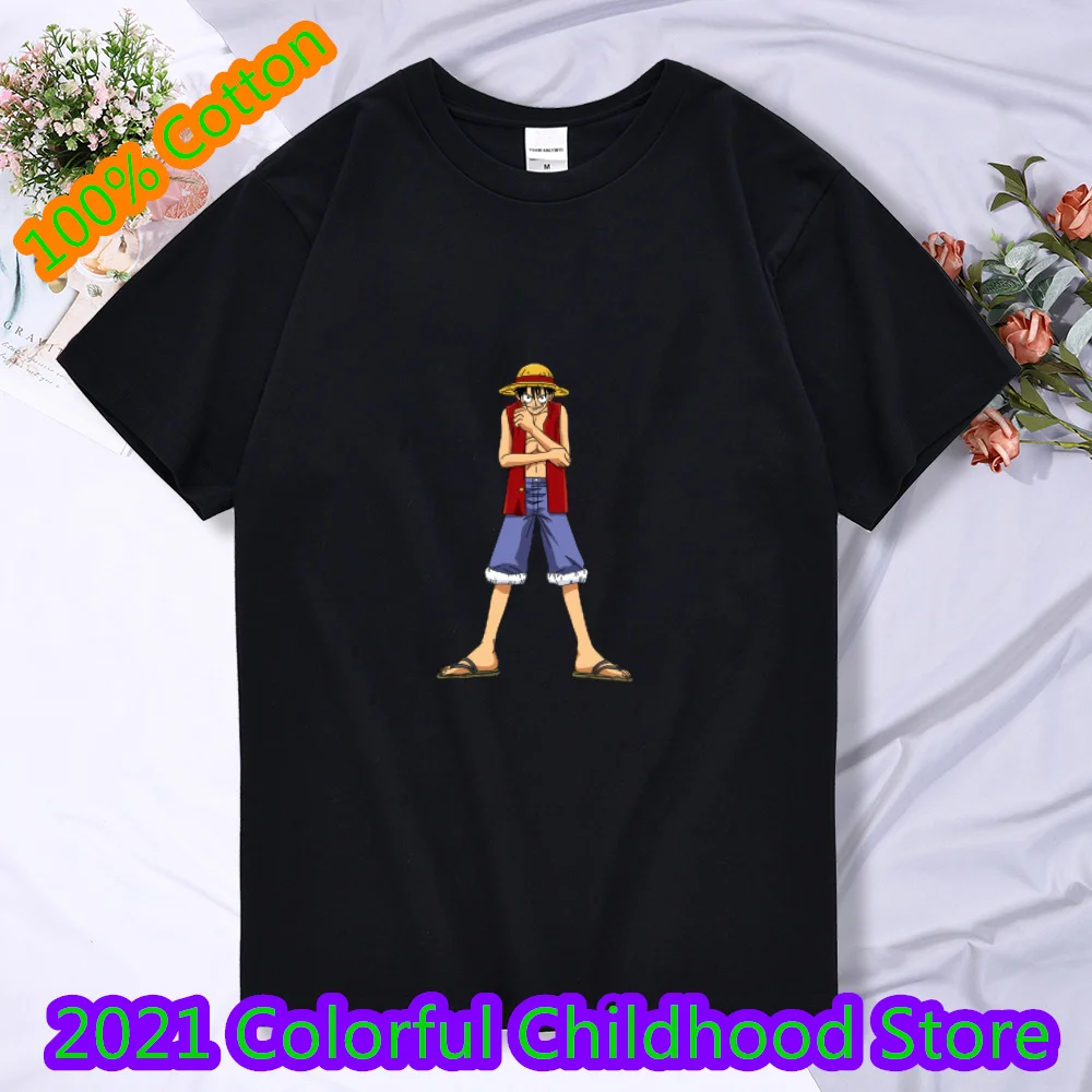 

2021 Summer New Japan Anime One Piece Luffy Zoro TShirt Kids One Piece White O-Neck Cartoon Tee Tops boys/girls Harajuku Clother