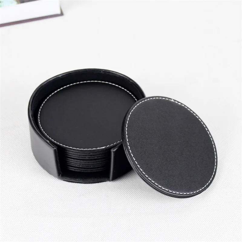 6 шт набор подставка из искусственной кожи Подставка под кружку черный круглый