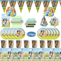 119pcs bingo bluey theme kids birthday party decorations disposable tableware cup plate baby shower bluey party decor supplies