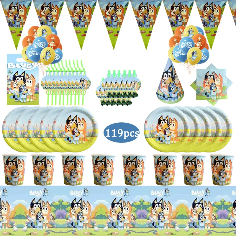 Vajilla desechable con tem&aacute;tica de Bingo Bluey para fiesta de Cumplea&ntilde;os de Ni&ntilde;os, plato y taza, suministros de decoraci&oacute;n para Baby Shower, 119 piezas-0