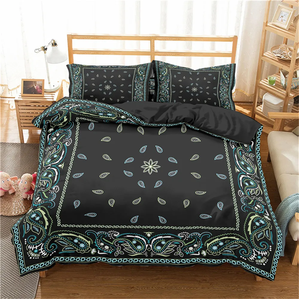 

Flower Pattern Printed Black Bed Pillowcases Quilt Duvet Cover Set Queen King Size 2/3PCS Suit For Bedroom Decor