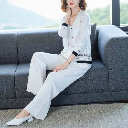 

Spring Knit Pants 2 Piece Sets For Women Wide Leg Pants Korean Tracksuit Wide Leg Pants Ensemble Femme Deux Pieces Matching Sets