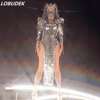 silver laser sequins backless slit dress sexy women dancer singer performance reflective costume nightclub party stage show wear