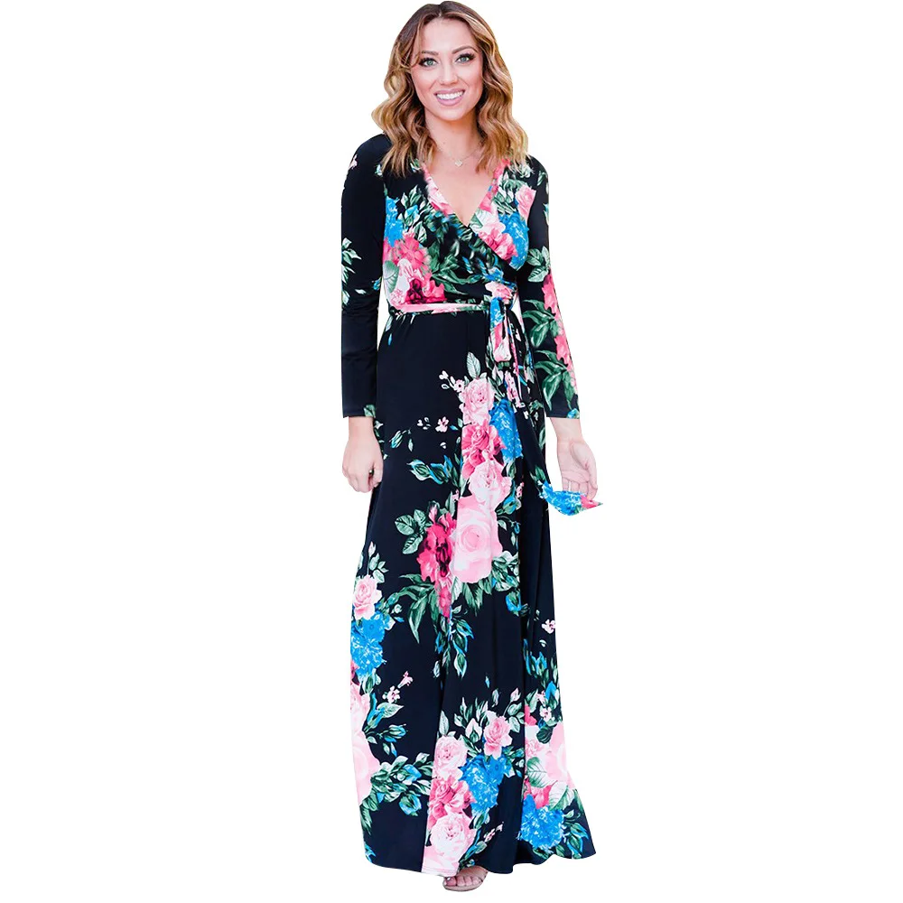 

Vintage Dresses Women Printed Fashion V-neck Long Sleeve Dress Beach Style Print Sexy Clothes Long Sleeve Elegant XL