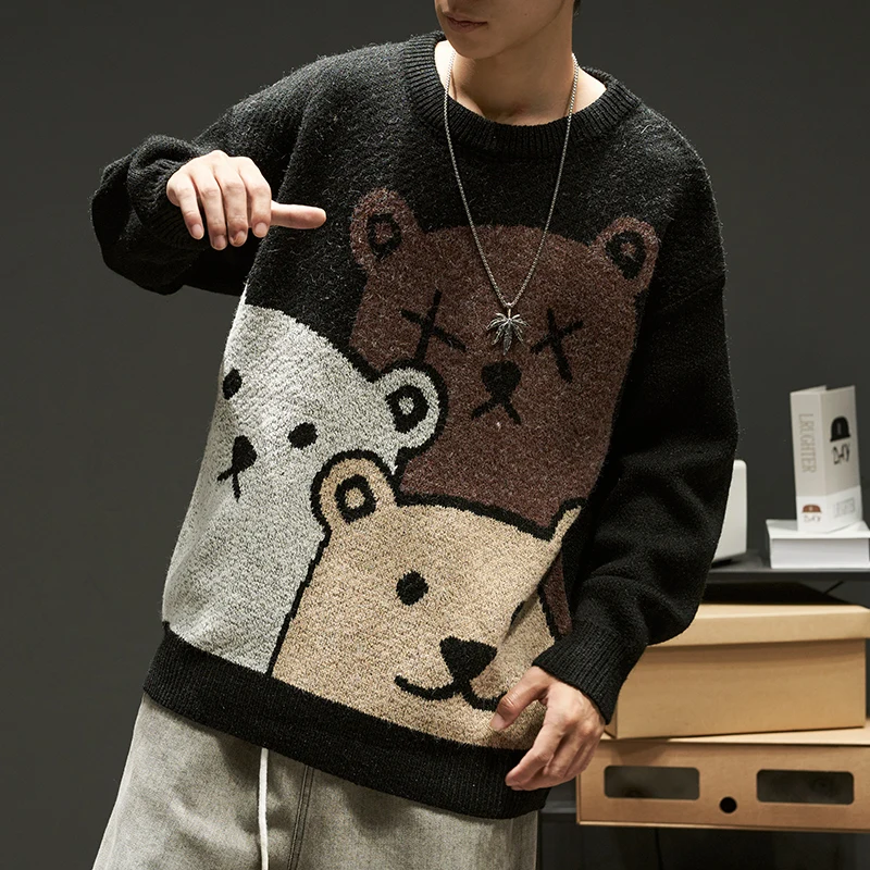

Cartoon Bear Sweater Men Winter Men Clothing Fashion Long Sleeve Knitted Pullover Sweater Oversized 2020 New Cotton Coat