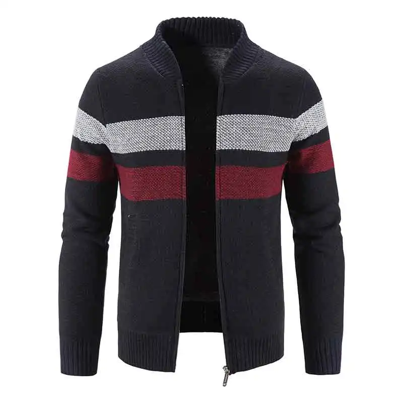 Men's Fashion Striped Knitwear Autumn/winter Fur Wool Thick Warm Baseball Collar Jacket Zipper Cardigan Fleece Sweater Coat