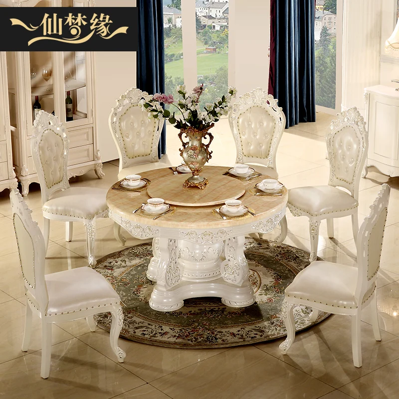 

Marble dining table round table with turntable European dining table chair solid wood round dining table for 8 people