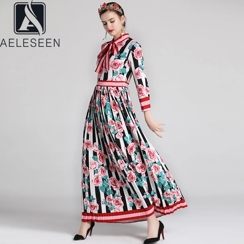 

Женское винтажное плиссированное платье AELESEEN, элегантное Праздничное Платье макси с длинными рукавами и бантом на воротнике с принтом розы...