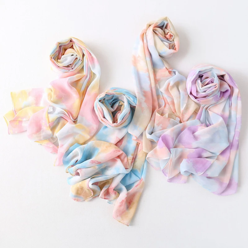 

Tiedye печатных шифон хиджаб шарф Для женщин повязка мусульманских шарф на голову шаль Обёрточная бумага мусульманские шарфы для женщин хиджа...
