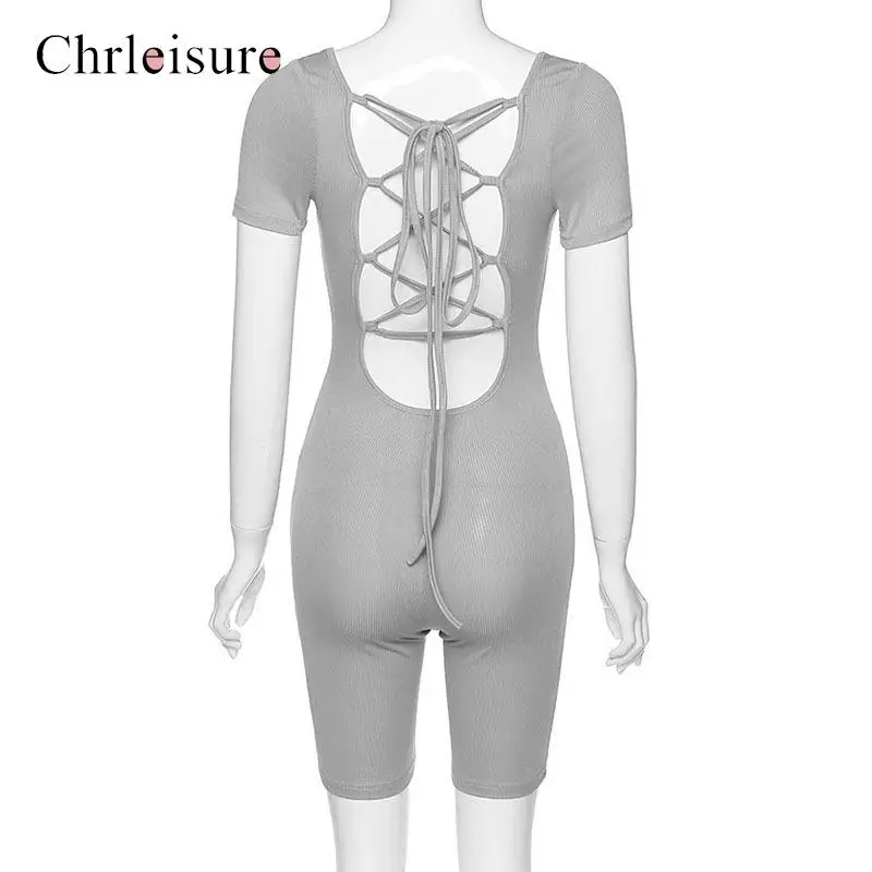 Summer Bodycon playsuit Women Backless Lace Up Sexy Rompers Short Sleeve Push Streetwear Solid Ribbed Jumpsuit |