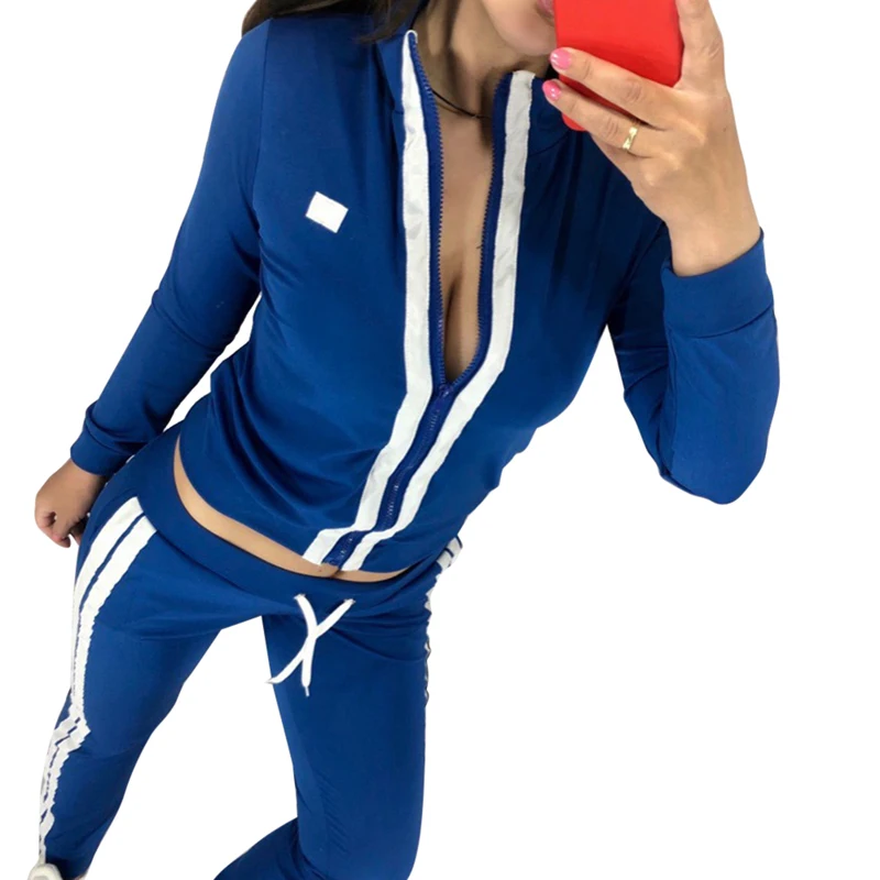 blue Женский костюм для бега, повседневный комплект из 2 предметов, толстовка со спортивными штанами, осенний спортивный костюм на молнии, спортивный костюм для бега - Цвет: blue