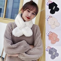 soft designer pearl faux fur scarf women winter fashion thick warm neck collar scarves 2021 new ladies foulards girl accessories