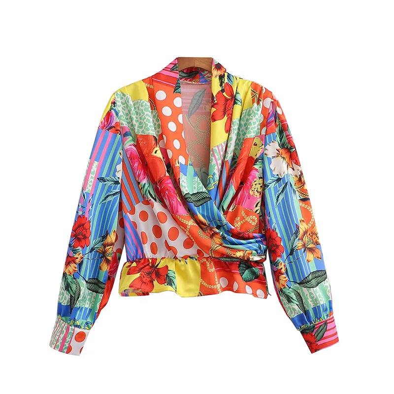 

Pinkou Women Elegant Print Blouse Cross V Neck Long Sleeve Shirts Colorful Retro Female Casual Tops Blusas Mujer LA271