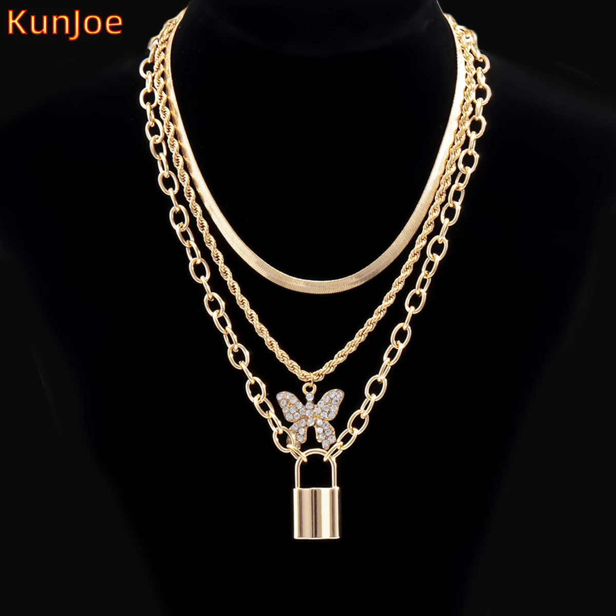 

KunJoe Hip Hop MultiLayer Chain Necklace With Lock Butterfly Women Punk Rock Padlock Pendant Necklace Choker Goth Jewelry Gift