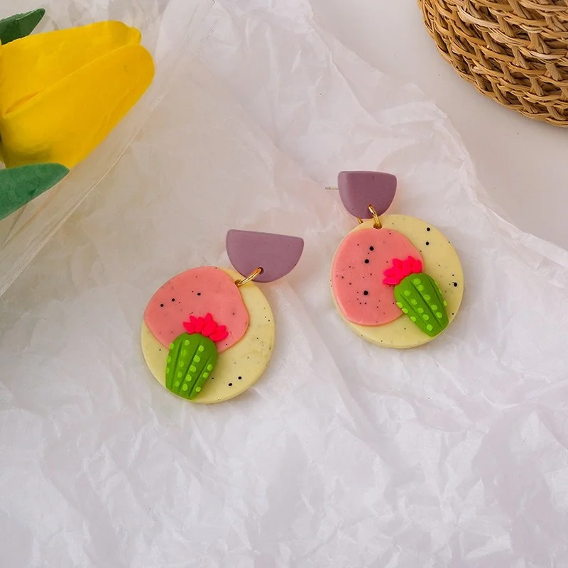 

Korean Summer Circle Polymer Clay Geometric Cactus Dangle Earring for Women Femme Trendy Contrasted Plant Earring Jewelry