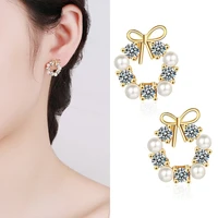 cute bowknot garland stud earrings for women crystal zirconia imitation pearls golden romantic piercing earring trendy jewelry
