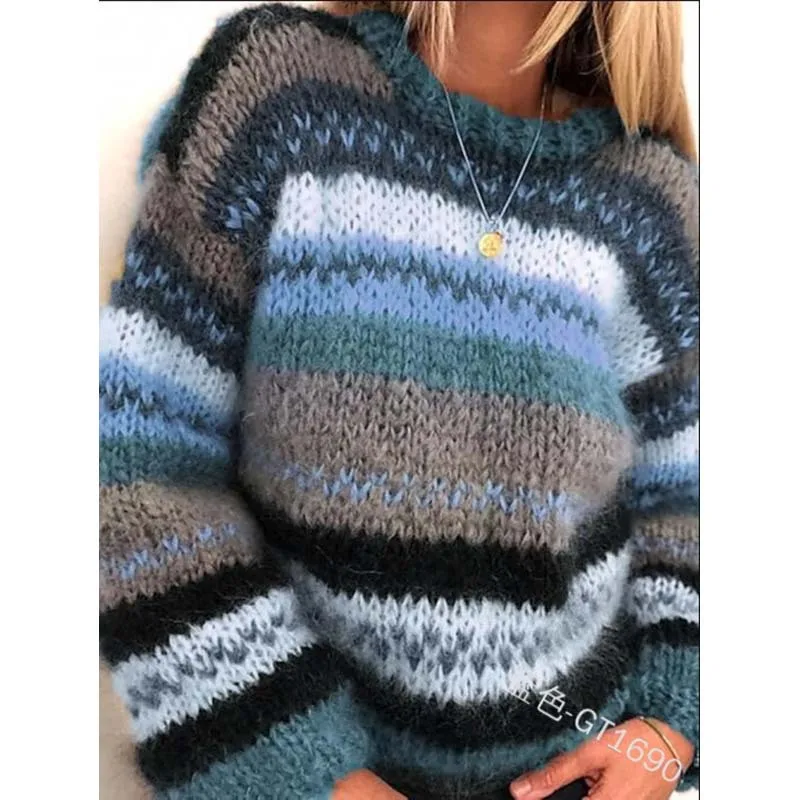 

Autumn and Winter Loose Knitted Pullover Korean Version of The Rainbow Striped Long-sleeved Women's Warm Sweater O-neck Top