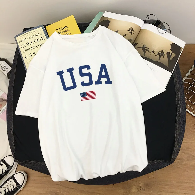 Harajuku Summer Women T-shirts Casual USA Flag Printed Tops Tee Female T Shirt Short Sleeve T Shirt Streetwear t-shirt