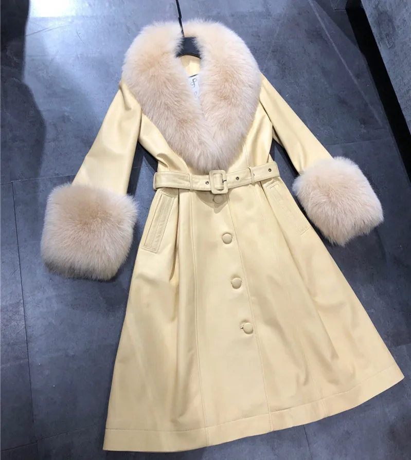 Winter New Women Real Fox Fur Collar and Cuffs Long Sheepskin Jacket Warm Slim Fit Genuine Leather Trench Coat Ladies Overcoat