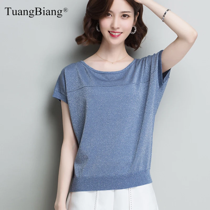 

Women Summer Short Sleeve Bright Silk Shiny Pullover New 2022 Female Blue Loose Ribbed Elastic Jumper O-Neck Casual Knitted Tops