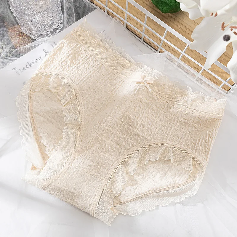 

Seamless Breathable High Rise Briefs For Women Pure Cotton Crotch Bow knot Lace Panties Embossed stripe Breathable Underwear