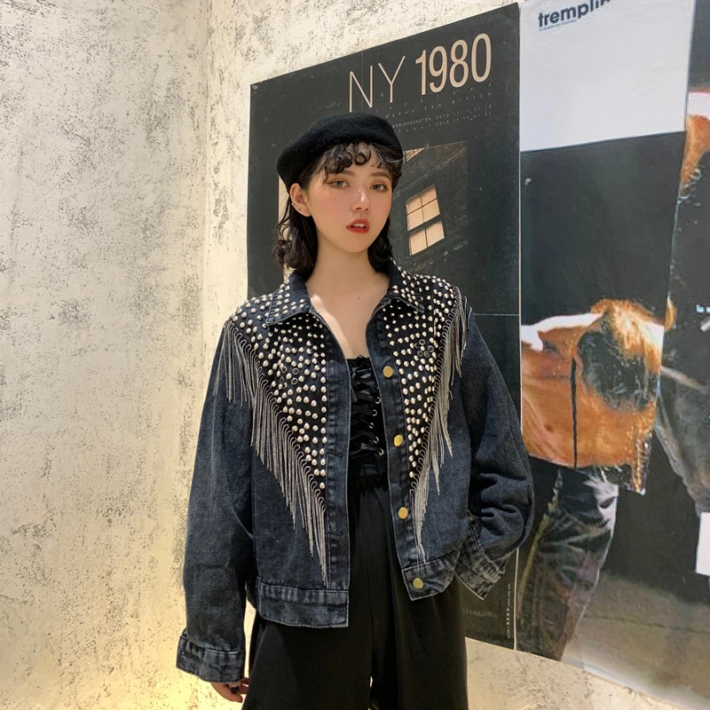 New Women Autumn Hand-studded Rivet Tassel Chain Short Jeans Coat Woman's Loose Jacket Coat Fashion Streetwear Denim Jacket