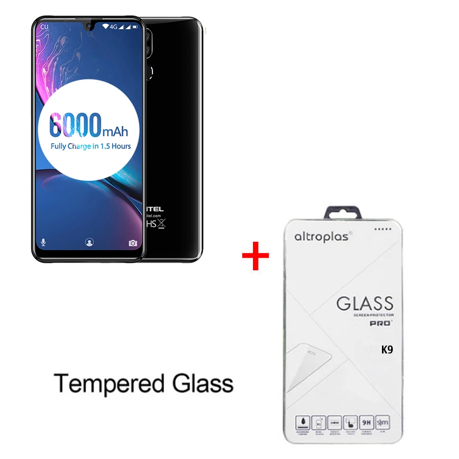Black N Temper Glass OUKITEL K9 водослива 7,1" FHD+ 1080*2244 16MP+ 2MP/8MP мобильный телефон 4GB 64GB Face ID смартфон 6000mAh 5 V/6A Быстрая зарядка OTG - Цвет: Black N Temper Glass