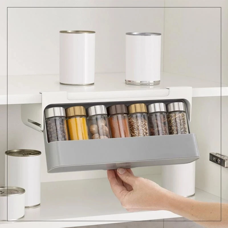 

Home Kitchen Self Adhesive Wall-mounted Under Shelf Spice Organizer Spice Bottle Storage Racks Kitchen Supplies Storage Box