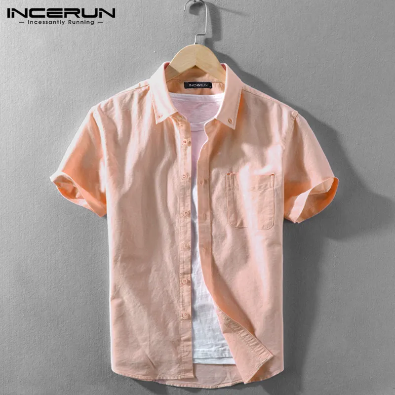 

INCERUN 2021 Men Casual Shirt Short Sleeve Solid Color Turn Down Collar Streetwear Shirts Button Summer Harajuku Camisas Hombre
