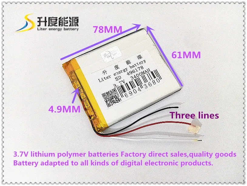 3 line 496178 3.7V 3400mAH 506080 Polymer lithium ion / Li-ion battery for tablet pc cell phone POWER BANK |