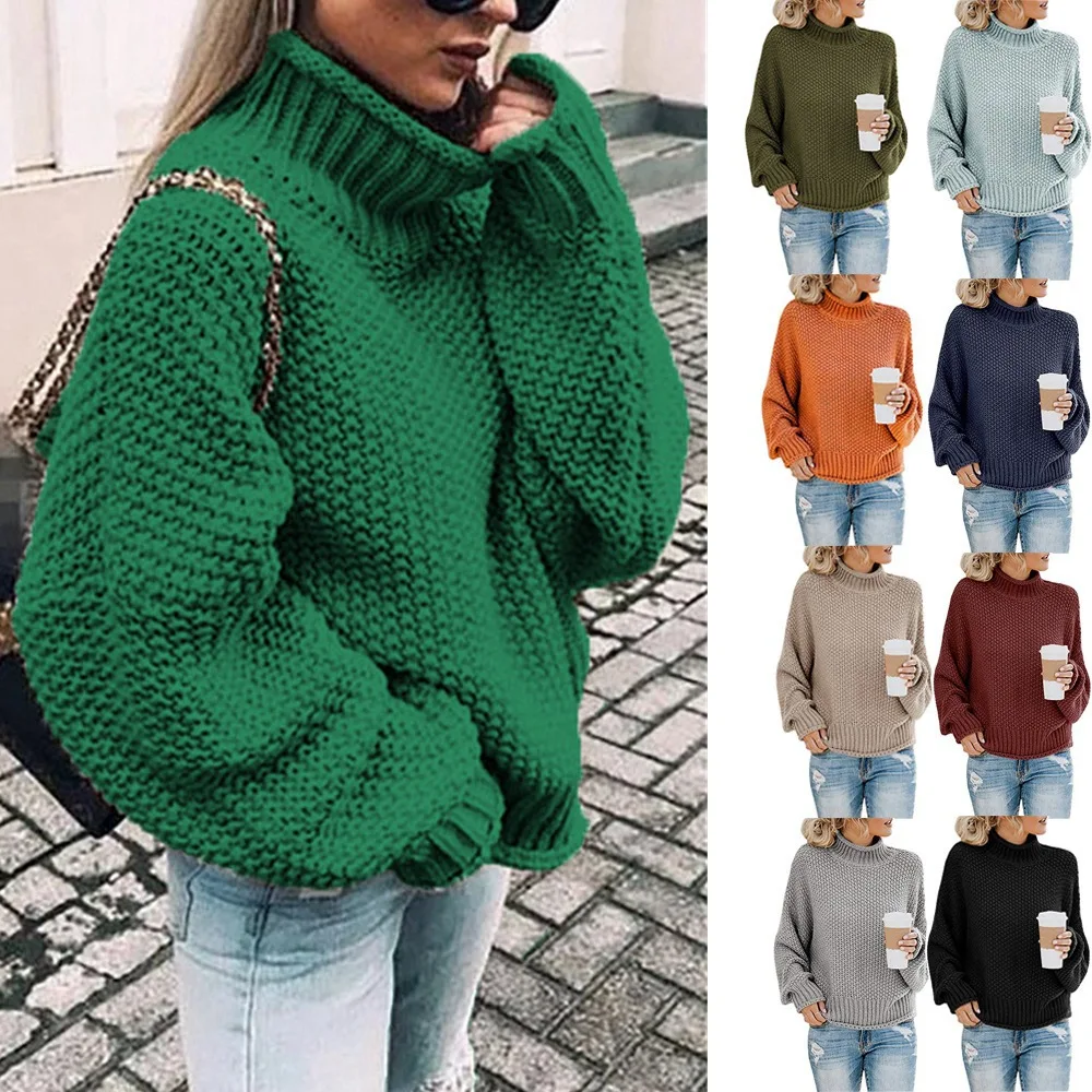 

Женский свитер в европейском стиле, сезон осень-зима 2021, вязаный пуловер, толстые топы с высоким воротником и рукавом летучая мышь, женская о...