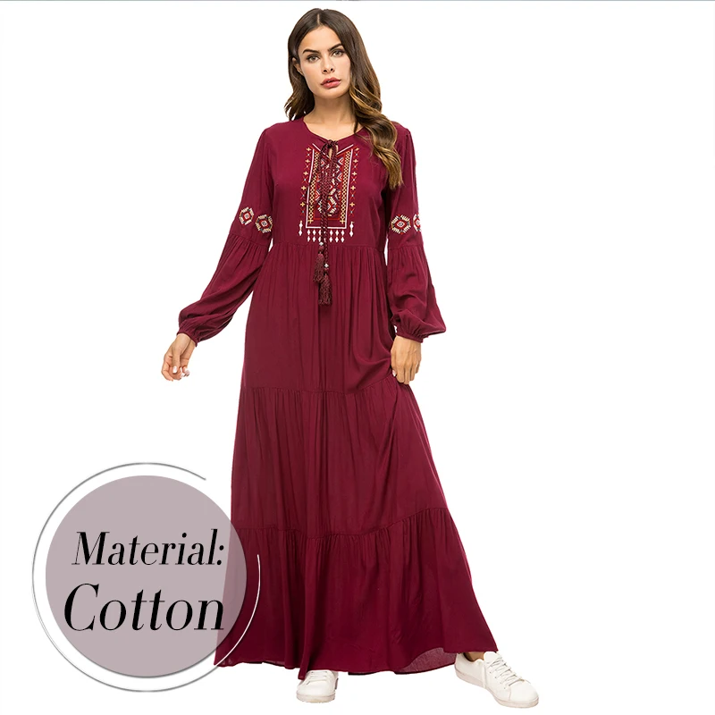 Burgundy dress Бархатное Свободное длинное платье с этнической вышивкой, мусульманские платья с длинным рукавом, осень, арабское платье темно-синего цвета размера плюс - Цвет: Burgundy dress