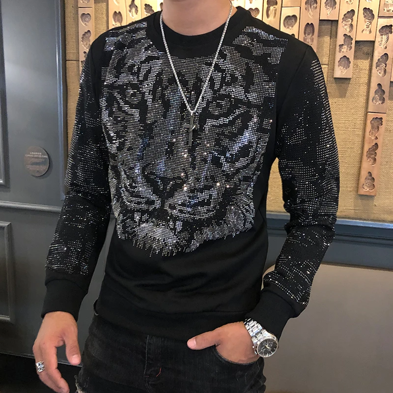 

Fashion Brand Men's Tee Shirt Homme Personalized Trend Hot Drilling Tiger Head Men's Heavy Industry Tshirt Men