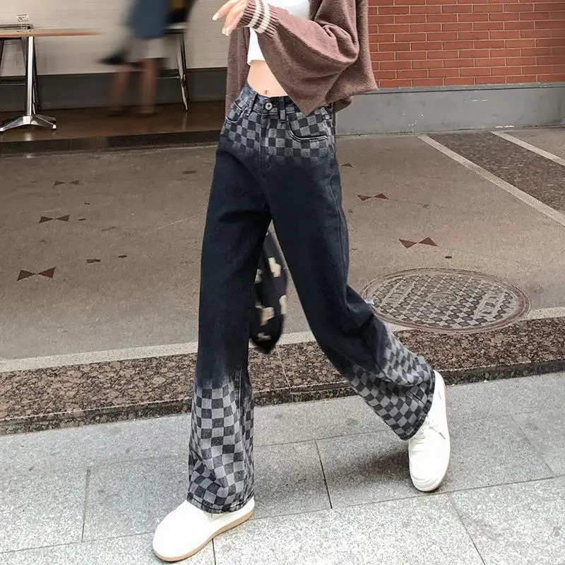 

Streetwear High Waist Women's Fashion Black Gradient Jeans Women lattice Wide Leg Pants Trousers Female Jean Femme Bagge Denim