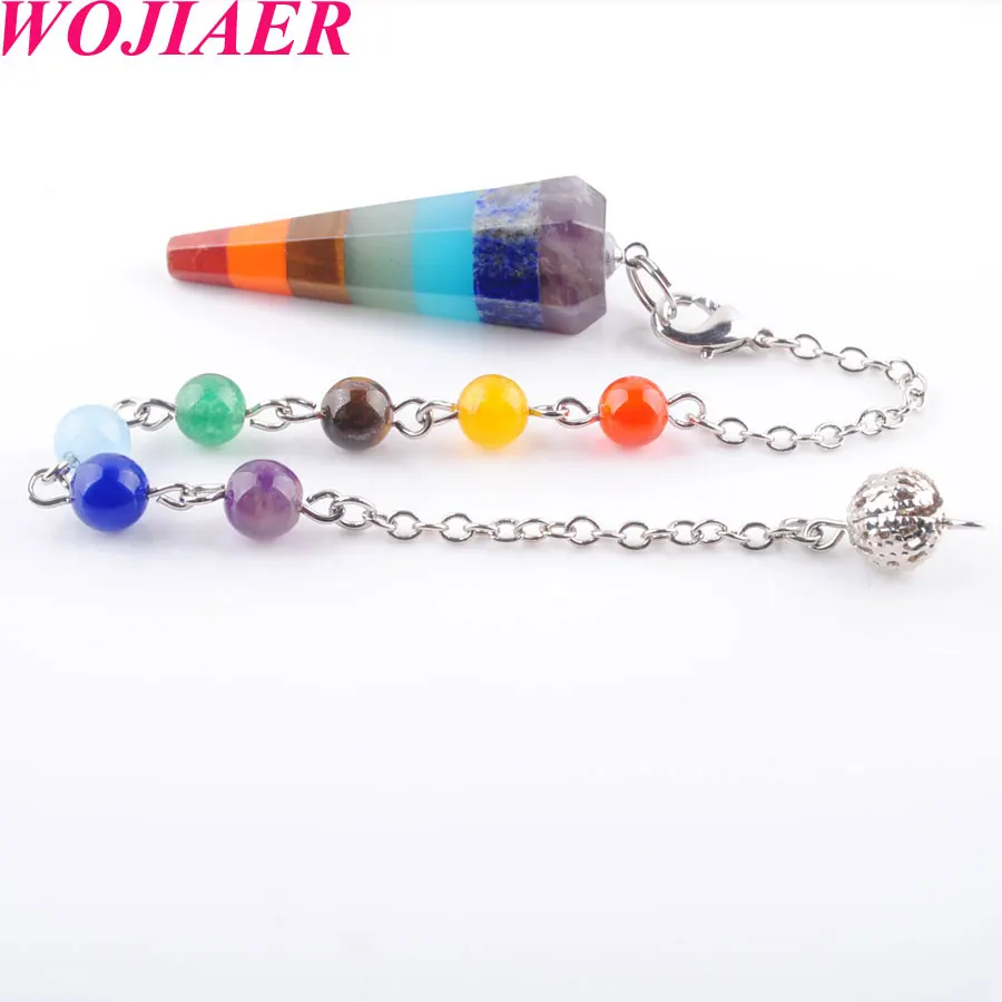 

WOJIAER Fashion Jewelry Natural Gem Stone Silvery Metal Ball Chain Dowsing Healing Chakra Pendulum With Chain 1PCS PN3541