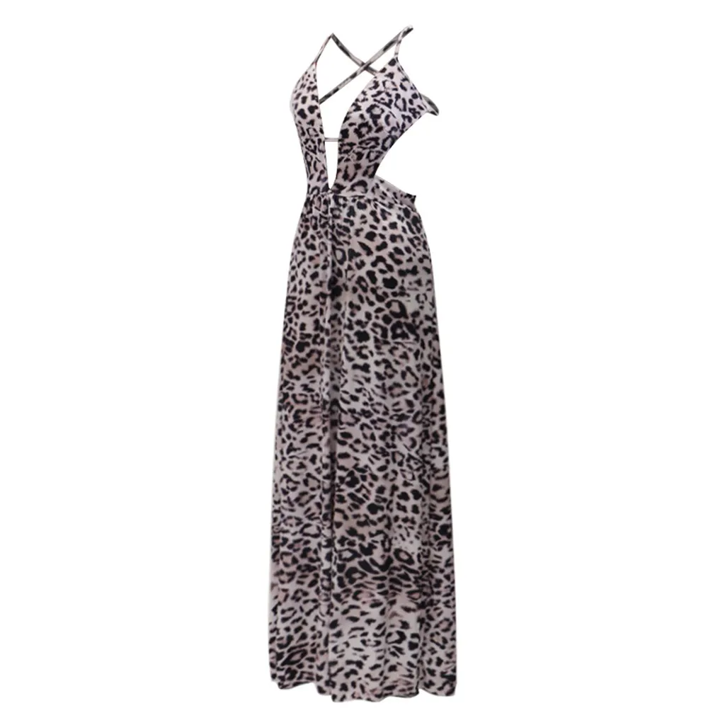 Женское леопардовое платье Elbise длинное пляжное с v-образным вырезом и открытой