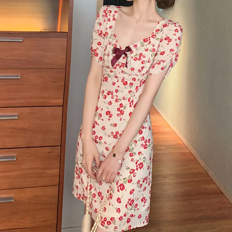 

Sexy Short Sleeve Printed Chiffon Dress Summer New Holiday Beach Mini Dress Bow Fashion Kleider Damen Vestidos Mujer Verano 2021