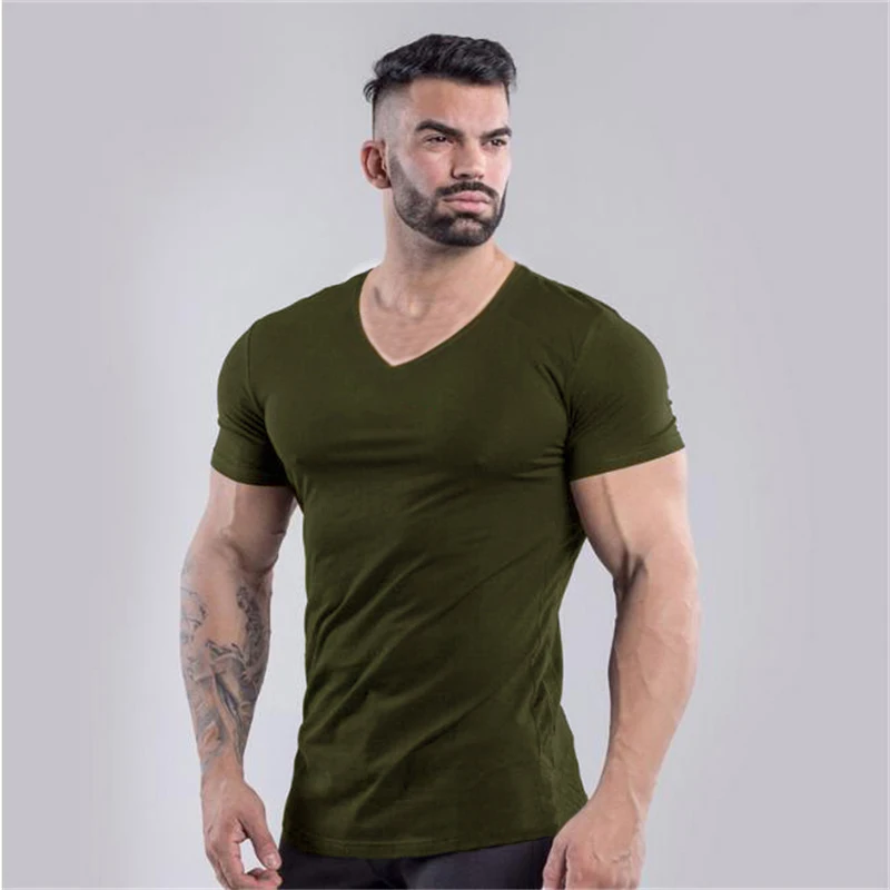 Brand Summer Cotton T-shirt Men V-neck Fashion Design Slim Fit Soild Sports T-shirts Male Tops Tees Short Sleeve T Shirt For Men images - 6