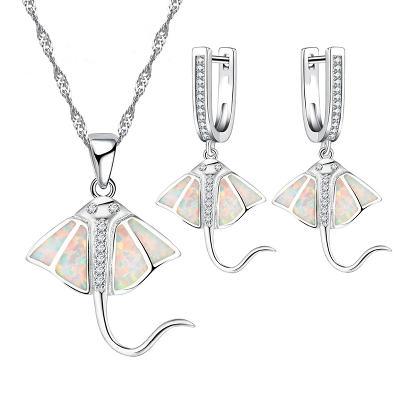 

Fashion Cute Seafish Accessories Set For Women Imitation Blue Fire Opal Pendant Necklace Earrings Women Wedding Jewelry Set