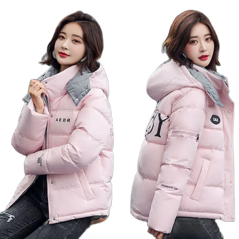 

2021 Winter Women Color Matching Short Cotton Puffer Jacket Plus Size Thick Warm Parka Women's Hooded Letter Printing Black Coat