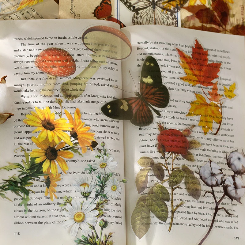 

11 Natural daisy rose maple leaf butterfly mushroom plant sticker transparent pet material jungle plant decoration big sticker