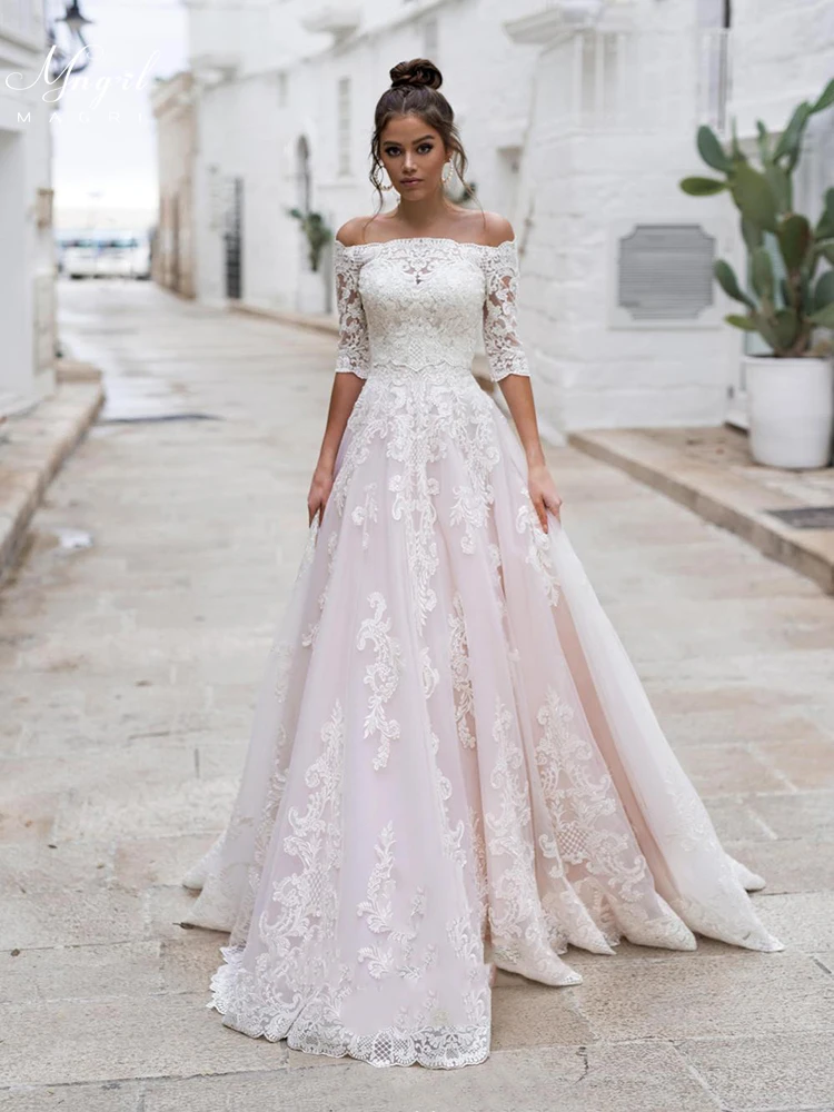 

MNGRL One-shoulder Long Sleeve 3D Flower Wedding Dress White Lace Fluffy Bridal Dresses Plus Size Tail Wedding Gown