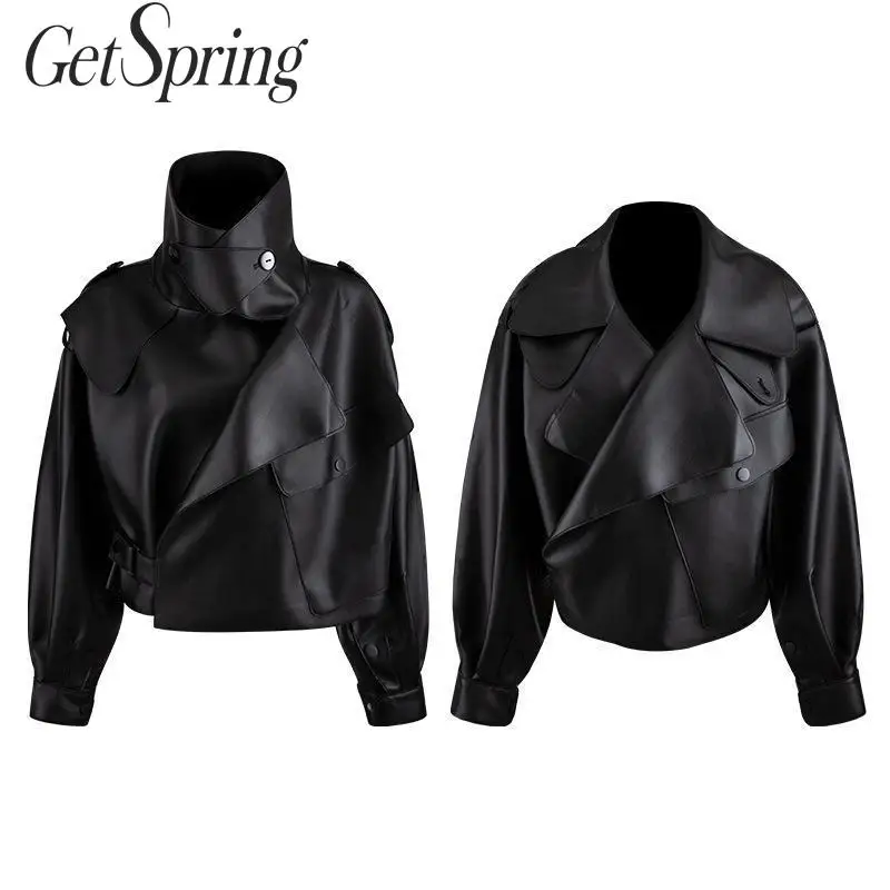 Getвесенняя Женская Короткая кожаная куртка женские куртки искусственная черная