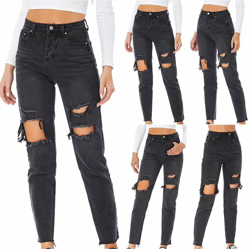 

Womens Straight Leg High Waist Stretch Ripped Pants Jeggings Jeans Casual