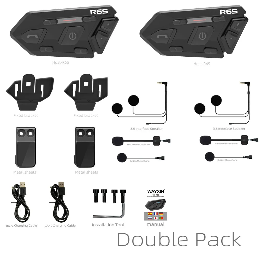 

Мотогарнитура WAYXIN на шлем для 6 водителей, водонепроницаемая, Bluetooth 5,0, DSP, шумоподавление, MP3, GPS, 1200 м, R6s