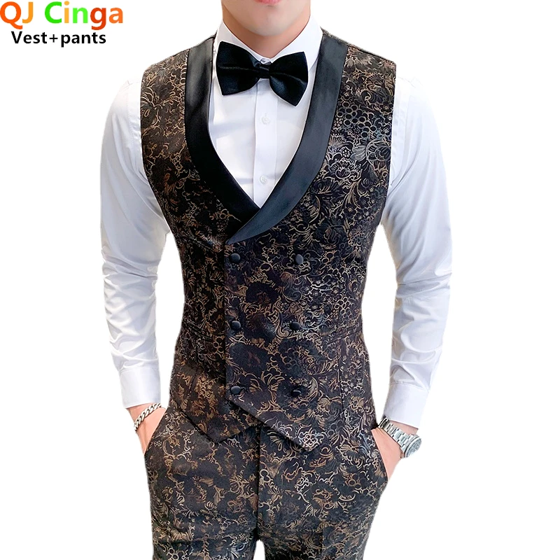 

QJ CINGA New Gold Printed Men's 2 Piece Set (Vest + Pants) Wedding Party Men Sleeveless Vest Coat and Trousers Big Size S-5XL