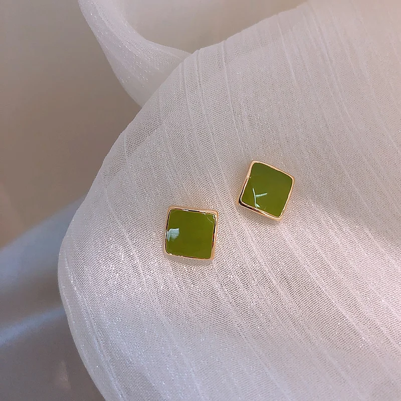 

925 Silver Needle Korean Green Small Square Earrings Simple Temperament Compact New Ear Jewelry