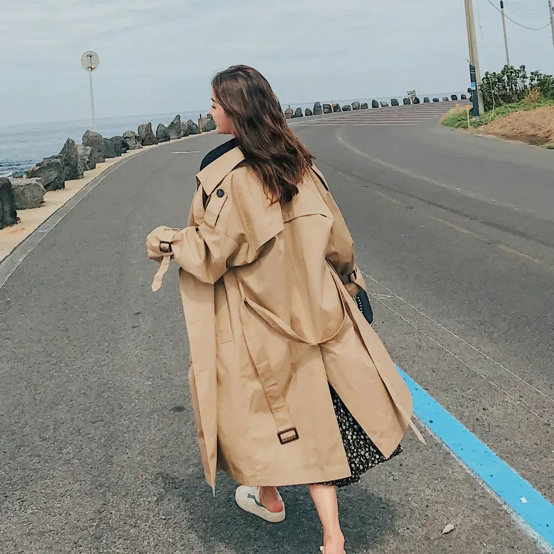 

New Women Trench Coat Long Double-Breasted Belt Khaki Lady Clothes Autumn Spring Outerwear Oversize Quality Women Coat