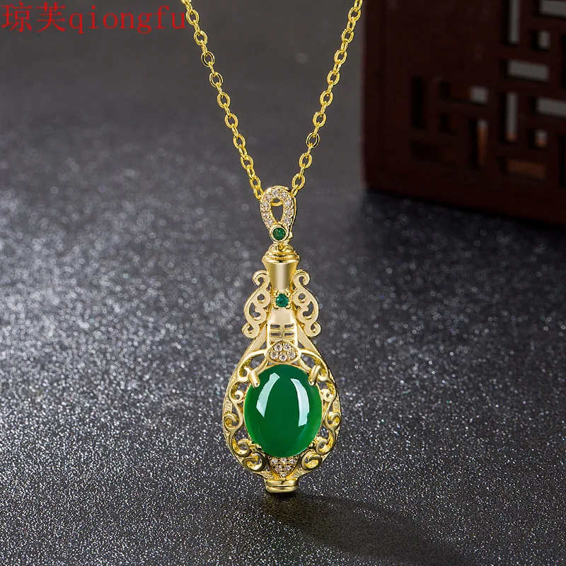 

2021 original vintage elegant water bottle green chalcedony pendant Hetian jade Gifts for women spiritual jewelry enamel charms